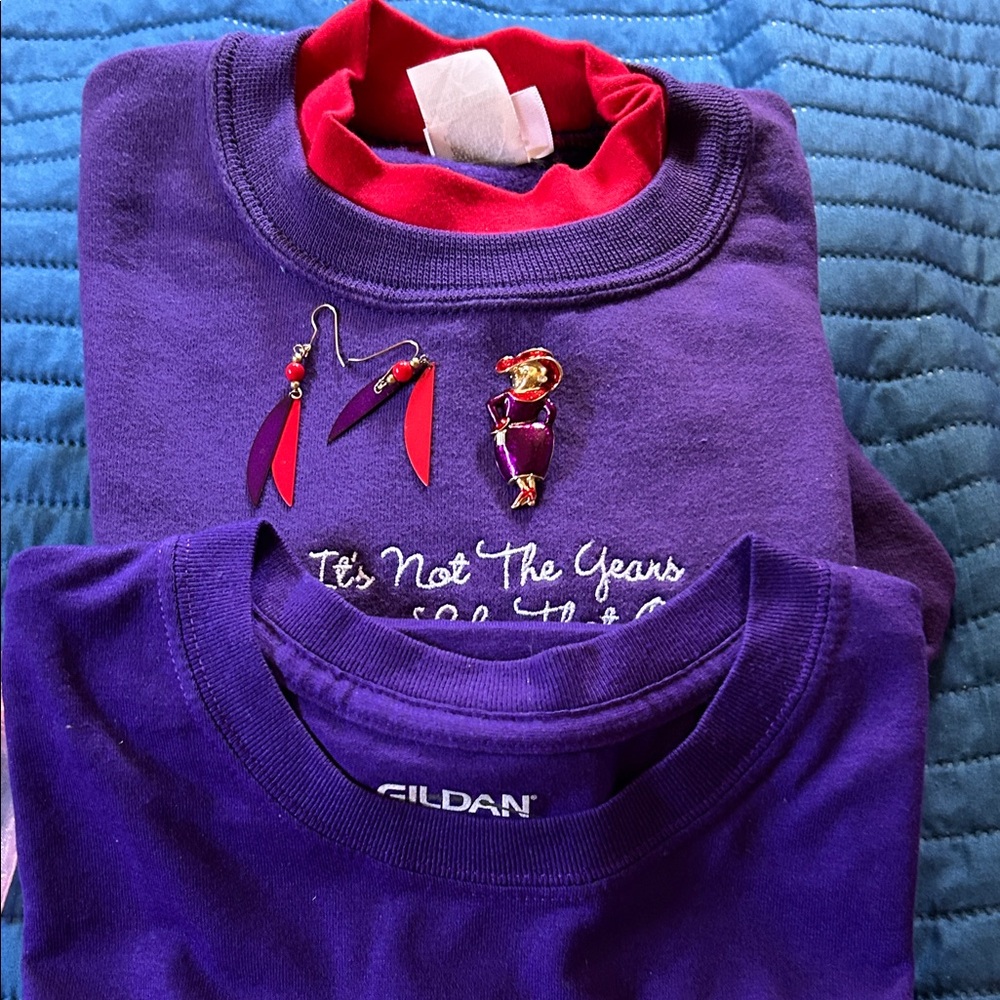 Red hat society Purple Crewneck Sweater set with vintage enamel brooch ear rings